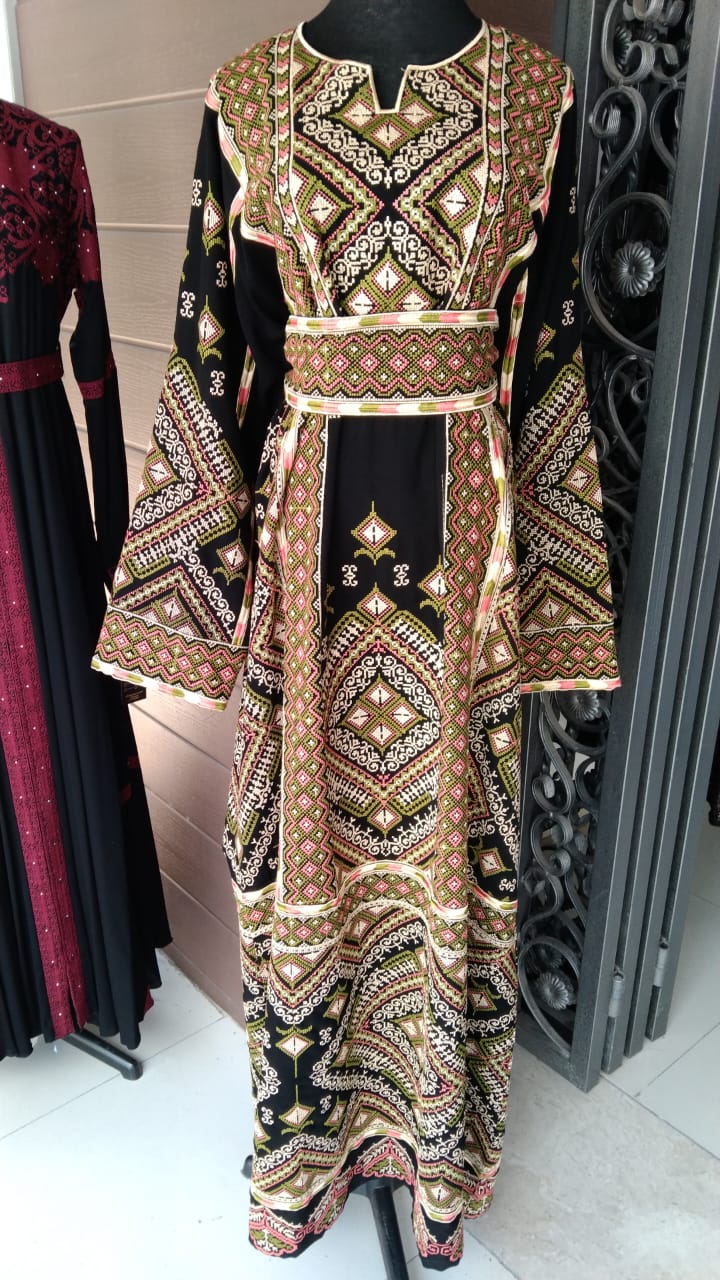 Black Palestinian Embroidered Thobe Dress Stunning Green and Beige Embroidery