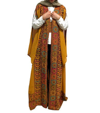 Mustard Georgette Embroidered Open Abaya Kaftan Maxi Dress Long Split Sleeve